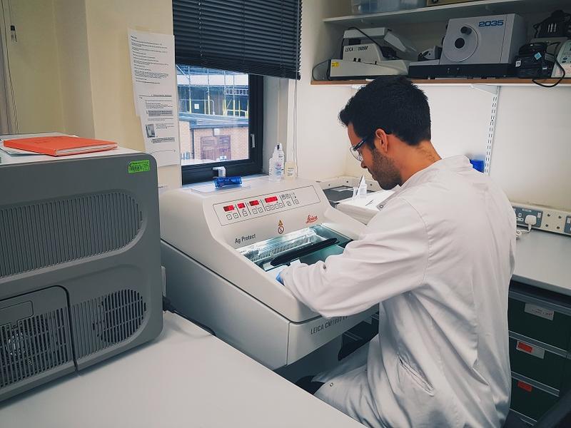 Photo of a researcher at the Pharmacology department using their new energy-efficient cryostat Energy-efficient cryostat