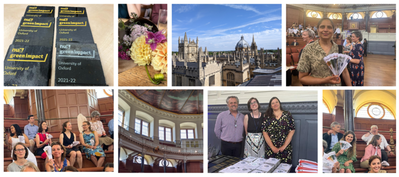 From the top left: Green Impact awards, wildflowers, the view from the Sheldonian, Saroj Saurya LEAF Champion Awards winner. From the bottom left: guests using upcycled fans to cool, the Sheldonian Theatre, the Environmental Sustainability team with the microsoftteams image