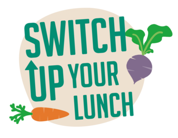 Logo with the words 'Switch up your lunch' and illustrations of vegetables