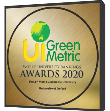 Image of award plaque reading 'UI Green Metric World University Rankings Awards 2020 - The 2nd Most Sustainable University - University of Oxford'