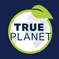 Logo with image of Earth and a leaf, with words 'True Planet'