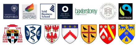 Logos of Oxford University, Environmental Sustainability, Said Business School, Beyond Ordinary food, Baxter story, Oxford Botanic Gardens, Fairtrade foundation. (Bottom line from the left) Christ Church, Green Templeton College, 