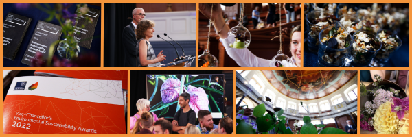 Collage of 2022 award images: Award slates; Event hosts Dr David Prout and Professors EJ Milner-Gulland; Festive zero waste canapes; Awards brochure; Crowd mingling; The Sheldonian Theatre; Flowers  